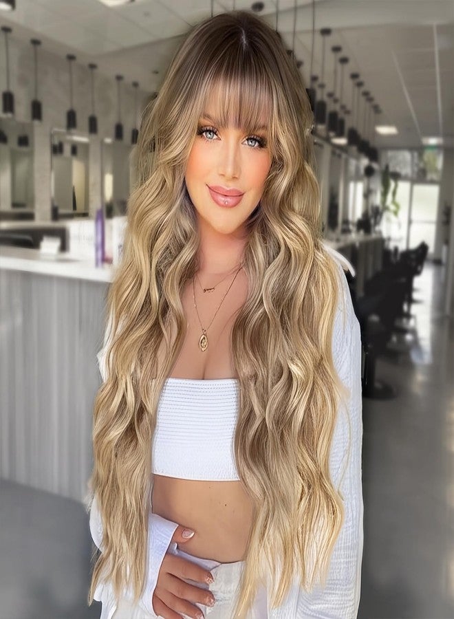 AISI HAIR Blonde Wig with Bangs Long Wavy Synthetic Wig for Women with Daily Party Use - Image 1